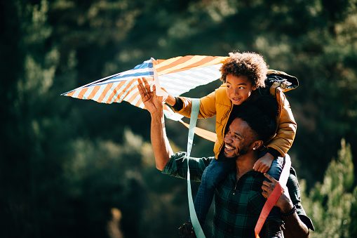 Father and son flying a kite